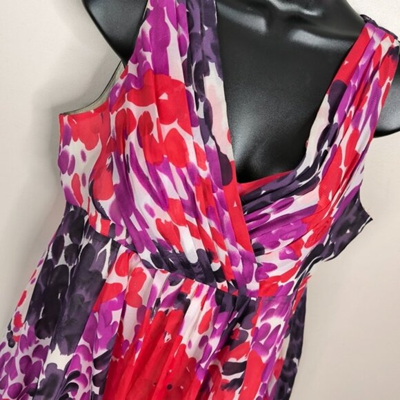 Vila Abstract Floral Garden Barbie Empire Waist Chiffon Chic Glam Summer Dress L - Picture 3 of 8